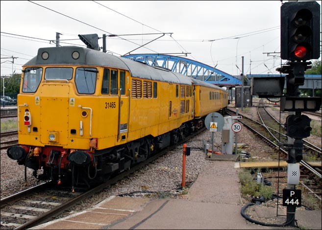 Class 31 in Network Rail yellow at the rear of a test train at Peterborough station