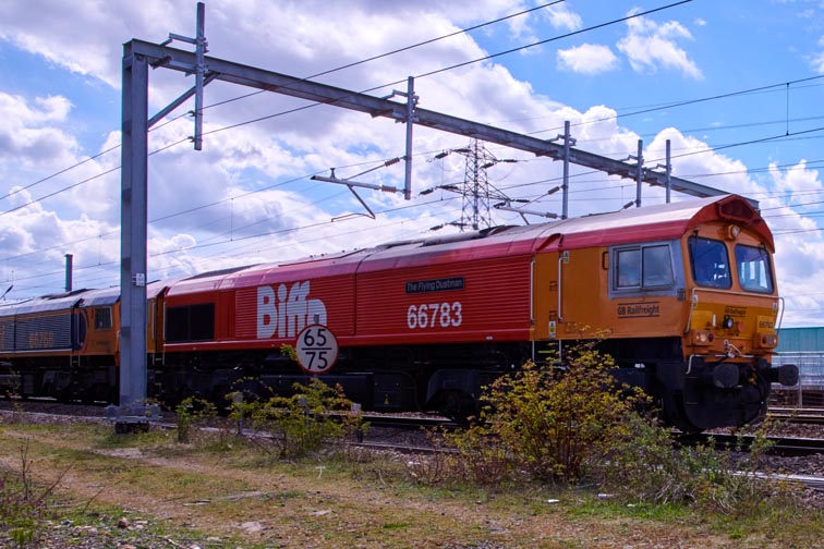 GBRf class 66783 and GBRF 66768 at Werrington on the 5th May in 2021.