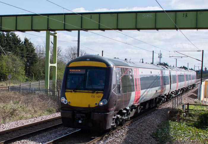 Cross Country class 170 107 on the Stamford line on the 25th of March 2019