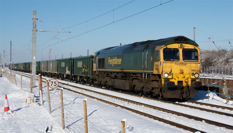 Freightliner class 66613 at Werrington  on the 25th January 2021.