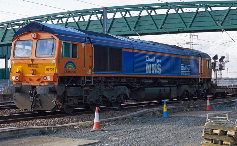  GBRf class 66731 Captain Tom Moore at Werrington on the on the 9th March 2021 .