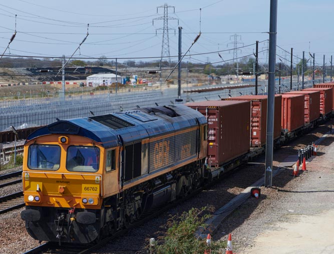 GBRF class 66762 at Werrington on the 26th of April in 2021.