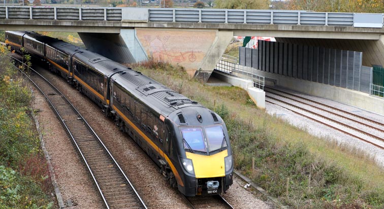 Grand Central class 180 coming under the A15 dual carriage road bridge 