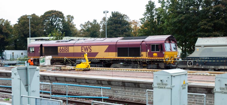 Class 66181 with a freight with the new platforms  6 and 7 
