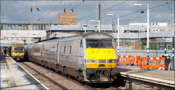 A East Coast  train uses what is now platform 1 at Peterborough on the 21st of February 2014