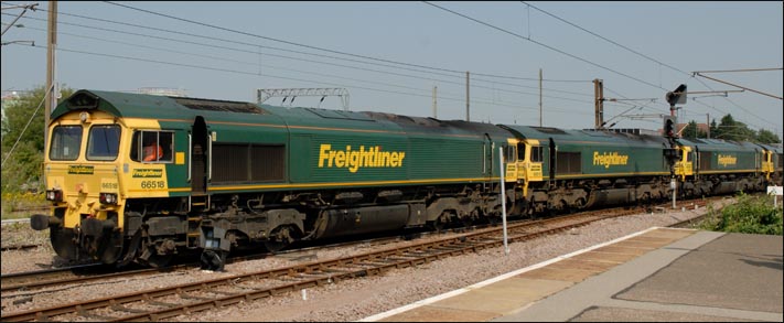 Four Freightliner class 66s come into the goods loops at Peterborough station on 26th June 2010 