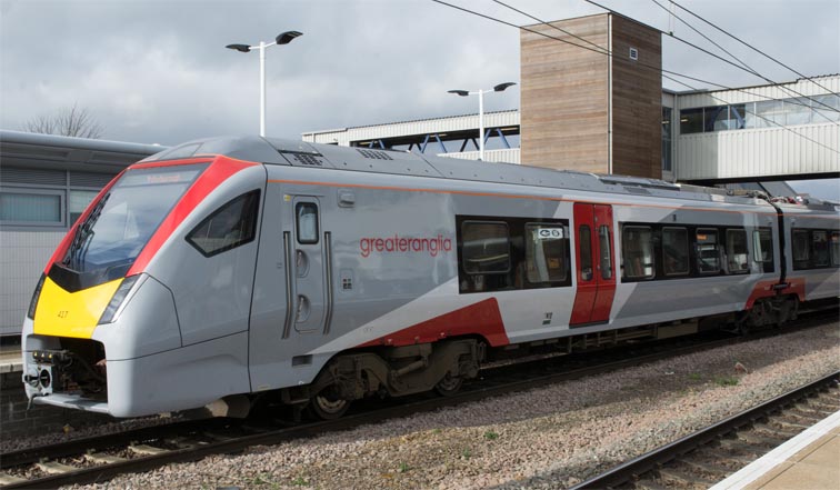Greater Anglia train to Ipswich in platform 6 on the 18th of February 2020. 