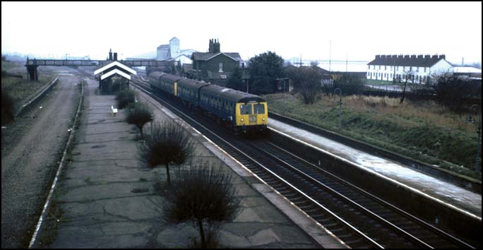Two 2 car Cravens DMUs in Sandy Station Febuary 1978