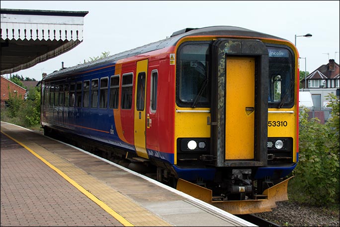 East Midland Trains class 153310 on a train to Lincoln on the 5th of May 2014