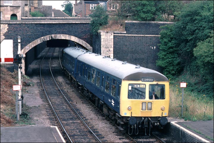 A Cravans DMU from Peterborough on the Stamford train comes into the station