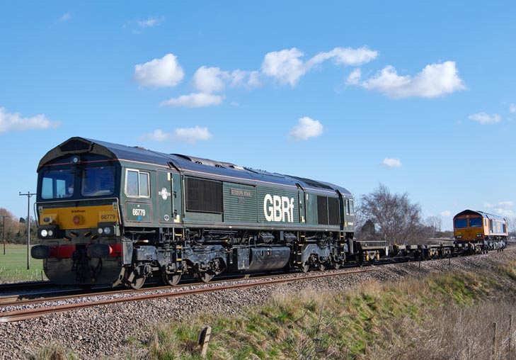 GBRf class 66779 'Evening Star' with just two container flats and GBRf class 6678 on the 26th Febuary in 2021 