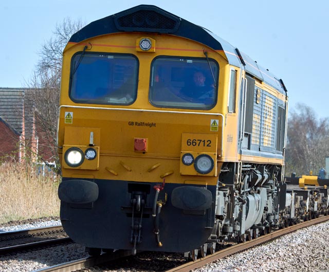 GBRf class 66712 at the Black Bush level crossing Whitlesea on the 28th March in 2022 