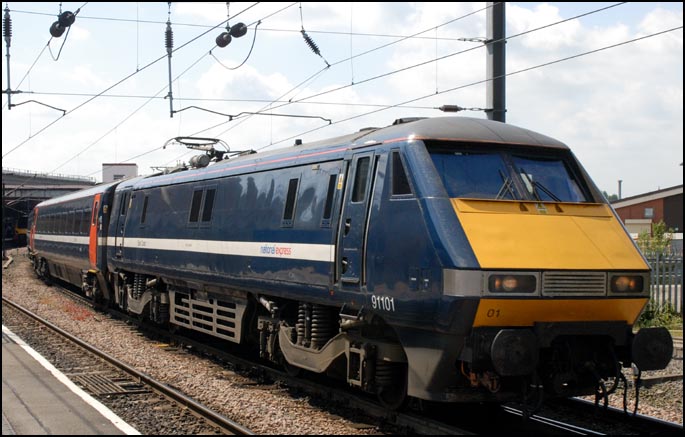 National Express class 91101 leaves York railway station