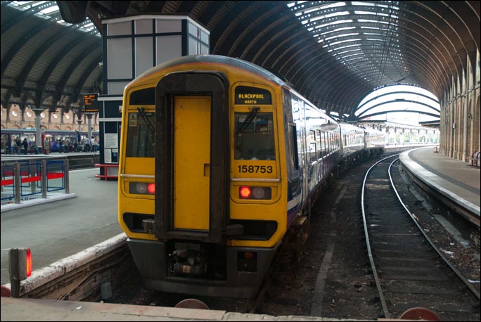 Class 158753 in one of the bays with a train to Blackpool North station in 2008