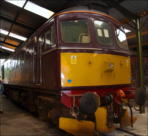 West Coast Railways Class 33029 Glen Loy in the shed at Carnforth in 2008.