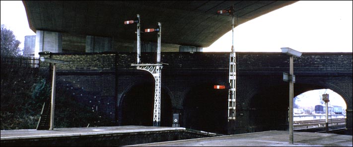 Signals under the A14 flyover at Huntingdon in BR days