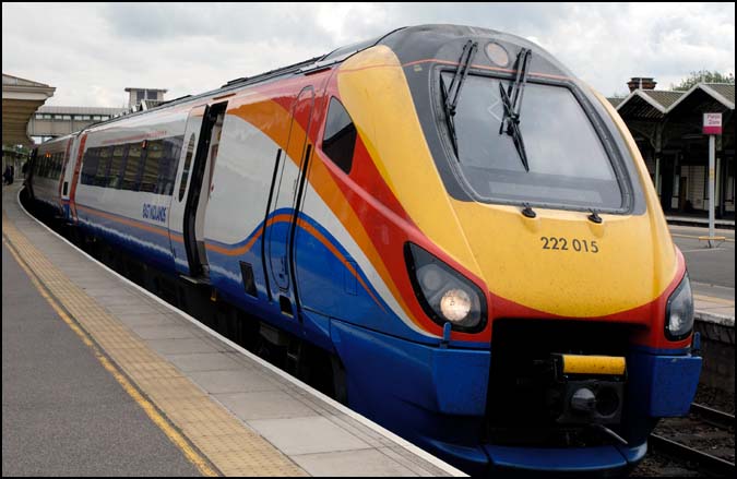 East Midlands Trains Class 222 015 in Kettering station in June 2010 to Corby