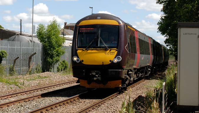 Cross Country 170 637 at North Luffenham on a Birminghan train past the closed station in 2010.