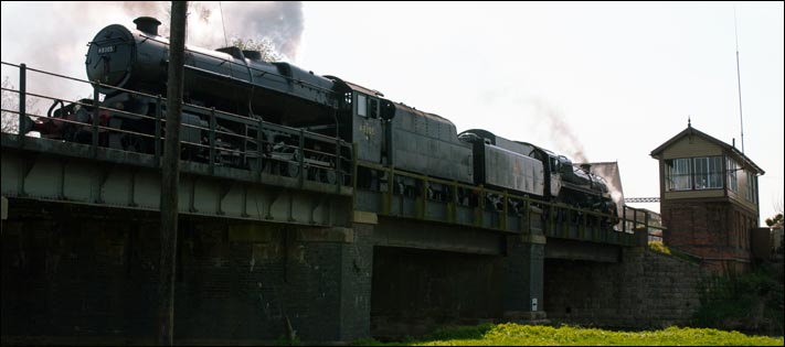 The 8f and the class 5 from the other side of the Nene bridge from below