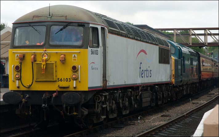 Class 56103 in Wansford station with class 37109 in May 2013