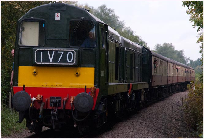 The pair of class 20s come into Orton Mere station from Wansford