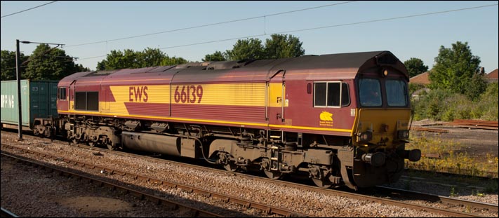Class 66139 in the freight loops at Peterborough station on the 4th of July 2009.