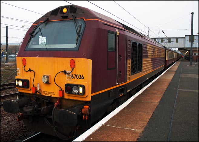 class 67 026 on a diesel tour in plat form 4 on the 3rd of March 2012