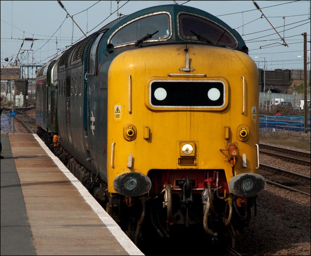 Class 55022 Deltic and class 40  as D335 come into platform 4 on the 29th March 2012 