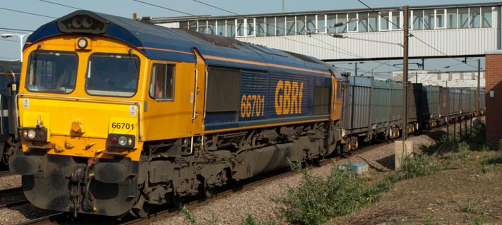 GBRf class 66701 on the up fast at Peterborough on the 29th of March 2012.