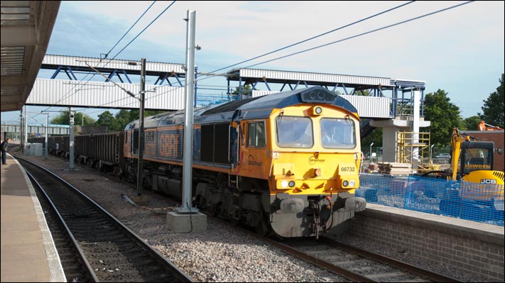 GBRf class 66732 into what will be come platform 6 but was still only a goods line on the 17th of June 2013