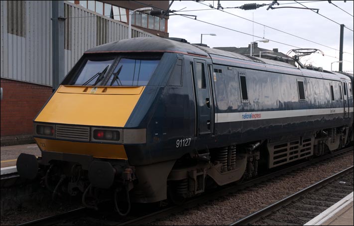 National Express East Coast (NXEC) class 91127 in platform 2 on the 28th Febuary 2009
