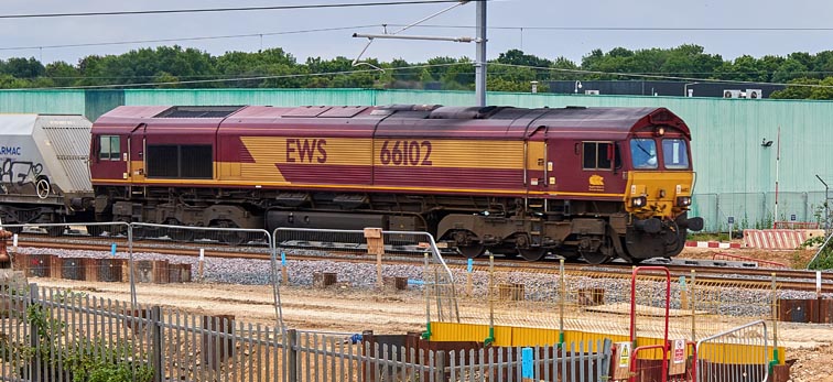 DB class 66102 on the Stamford line on the 13th July 2020