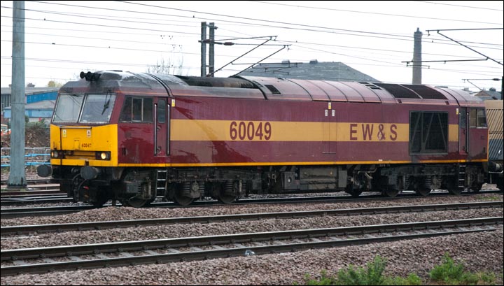 Class 60049 on a freight in platform 4 at Peterborough 4th April 2012