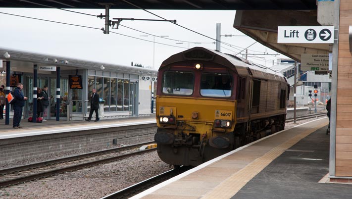 Class 66017 in platform 5 at Peterborough 