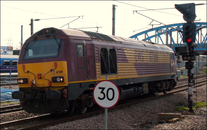 Class 67019 light engine on the down fast at Peterborough on the 14th of April  2012