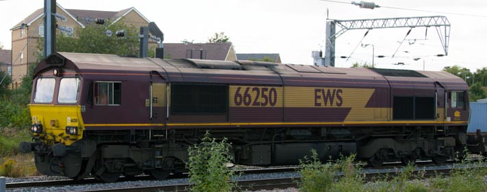  Class 66250 on a freight in the goods avoiding line at Peterborough station 