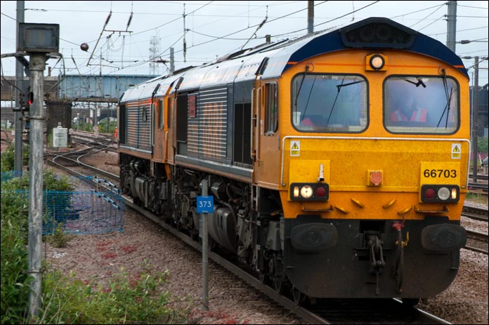 Two GBRf class 66s light engines into platform 4 at Peterborough on the 6th of June 2012