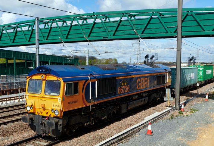 GBRf class 66736 at Werrington on the 5th May in 2021