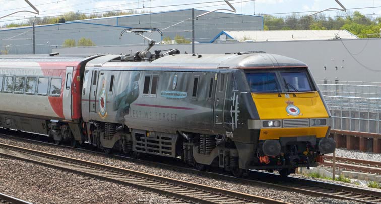 LNER class 91110 at Werrington on the 5th May in 2021.