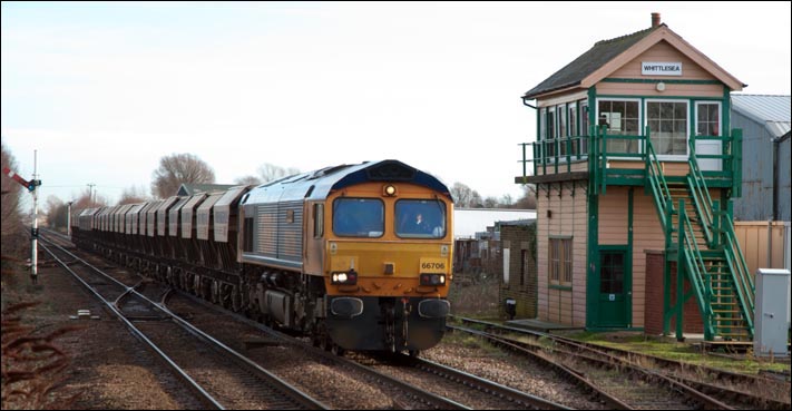 GBRf class 66706 comes into Whittlesea past the signal box on Friday 10th of January 2014