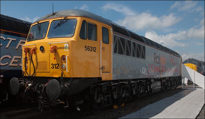 Class 56312 was at the Railfest 2012 Exhibition held at the National Railway Museum in York painted in Railfest Colours. 